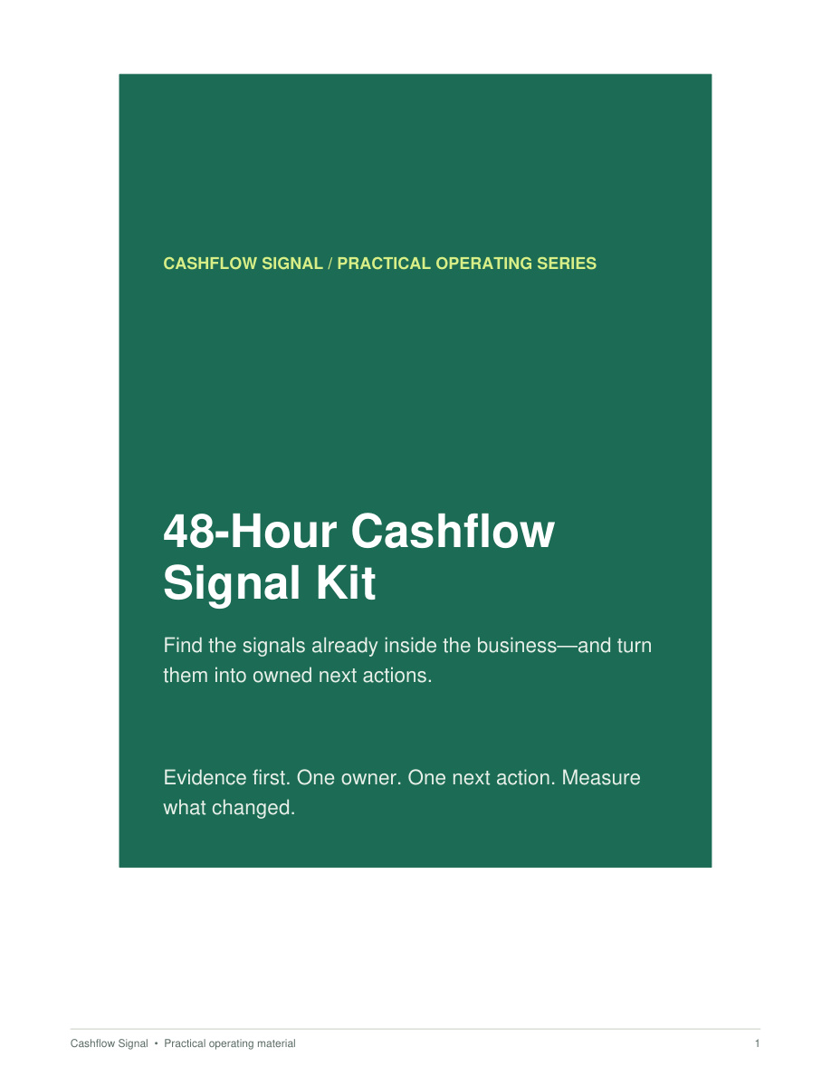 Preview of page one from the 48-Hour Cashflow Signal Kit showing the operating rule and first sweep categories